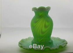 VERY RARE Fenton Glass Lime Green Opalescent Satin Swirled Feather Fairy Lamp