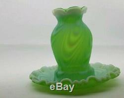 VERY RARE Fenton Glass Lime Green Opalescent Satin Swirled Feather Fairy Lamp