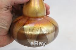 VERY RARE Steuben Long Neck Gourd Gold Aurene Pulled Feather Flower Glass Vase