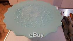 VERY RARE VIntage Fenton Art Glass Aqua Turquoise Spanish Lace Cake Stand mcm