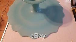 VERY RARE VIntage Fenton Art Glass Aqua Turquoise Spanish Lace Cake Stand mcm