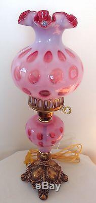 VINTAGE FENTON ART GLASS CRANBERRY OPALESCENT COIN DOT LAMP