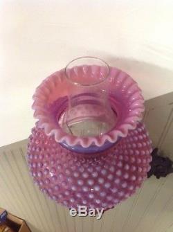 VINTAGE FENTON CRANBERRY HOBNAIL OPALESCENT OIL LAMP With CAST IRON WALL SCONCE