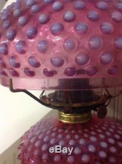 VINTAGE FENTON CRANBERRY HOBNAIL OPALESCENT OIL LAMP With CAST IRON WALL SCONCE