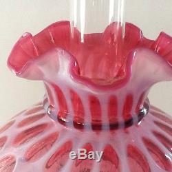 VINTAGE FENTON CRANBERRY OPALESCENT COIN DOT HURRICANE LAMP WITH PRISMS. 20