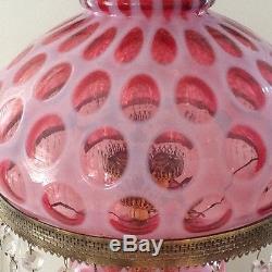 VINTAGE FENTON CRANBERRY OPALESCENT COIN DOT HURRICANE LAMP WITH PRISMS. 20