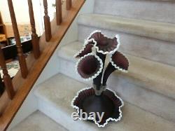 VINTAGE FENTON L G Wright Satin Glass Amethyst Plum Snowcrest Epergne Vase 17