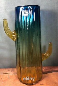 VINTAGE FUNKY BLENKO CACTUS VASE 11 1/2 Tall Yellow Blue Amber Blown Glass 10