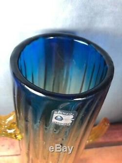 VINTAGE FUNKY BLENKO CACTUS VASE 11 1/2 Tall Yellow Blue Amber Blown Glass 10