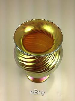 VINTAGE LCT GOLD IRIDESCENT SPIRAL ART GLASS VASE SIGNED NUMBEREd