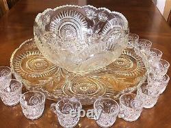 VINTAGE L. E. Smith CUT GLASS PINWHEEL & STARS PUNCH BOWL, UNDERPLATE & 12 CUPS