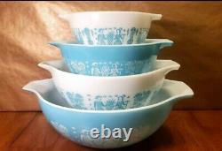 VINTAGE PYREX Turquiose Butterprint Mixing Bowls, SET of 4, 441-444 EUC GLOSSY