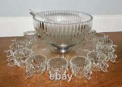 VNTG! MCM Punch Bowl Set with12 Cups Tray Stand Clear Ribbed/Bubble Glass NICE