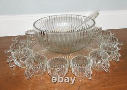 VNTG! MCM Punch Bowl Set with12 Cups Tray Stand Clear Ribbed/Bubble Glass NICE
