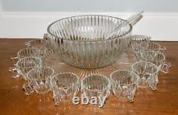 VNTG! MCM Punch Bowl Set with12 Cups Tray Stand Clear Ribbed/Bubble Glass NICE