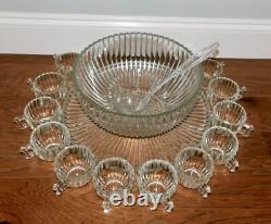 VNTG! MCM Punch Bowl Set with12 Cups Tray Stand Clear Ribbed/Bubble Glass NICE