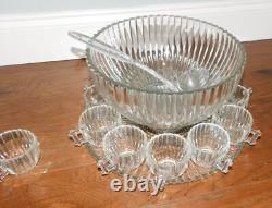VNTG! MCM Punch Bowl Set with12 Cups Tray Stand Clear Ribbed/Bubble Glass NICE