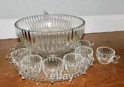 VNTG! MCM Punch Bowl Set with12 Cups Tray Stand Clear Ribbed/Bubble Glass NICE