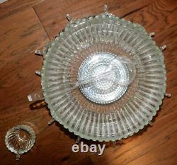 VNTG! MCM Punch Bowl Set with12 Cups Tray Stand Clear Ribbed/Bubble Glass NICE