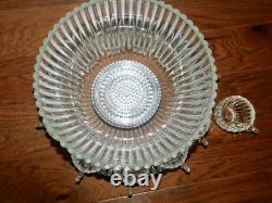 VNTG! MCM Punch Bowl Set with12 Cups Tray Stand Clear Ribbed/Bubble Glass NICE