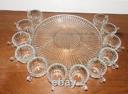 VNTG! MCM Punch Bowl Set with12 Cups Tray Stand Clear Ribbed/Bubble Glass NICE