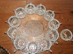 VNTG! MCM Punch Bowl Set with12 Cups Tray Stand Clear Ribbed/Bubble Glass NICE