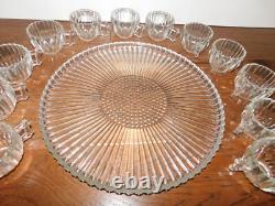 VNTG! MCM Punch Bowl Set with12 Cups Tray Stand Clear Ribbed/Bubble Glass NICE
