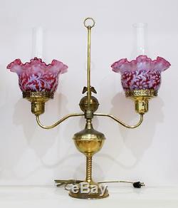 VTG Electric Brass Fenton Cranberry Opalescent Daisy & Fern Double Student Lamp