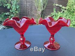 VTG FENTON Hobnail Ruby Red Pedestal Compote Glass Ruffled Rim Candy Dish PAIR