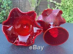VTG FENTON Hobnail Ruby Red Pedestal Compote Glass Ruffled Rim Candy Dish PAIR