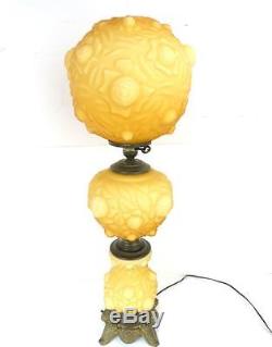 VTG. FENTON for LG WRIGHT EMBOSSED/PUFFY ROSE SATIN AMBER OVERLAY BANQUET LAMP