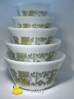 VTG Federal Milk Glass Nesting Mixing Bowl Set of 5 Olive / Avocado Green Floral