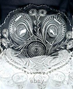 VTG LARGE LE Smith Crystal Cut Punch Bowl Set Pinwheels Galaxy 17 12 Cups