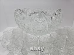 VTG L. E. LE Smith Handmade Crystal Glass Punch Bowl Set 18 Cup Original Box READ