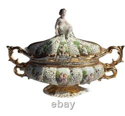 VTG Pedestal Bowl & Lid Cherub Large ITALY Porcelain Gold Leaf Florentino 18.5W