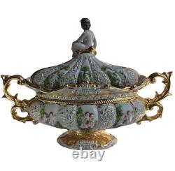 VTG Pedestal Bowl & Lid Cherub Large ITALY Porcelain Gold Leaf Florentino 18.5W
