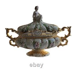 VTG Pedestal Bowl & Lid Cherub Large ITALY Porcelain Gold Leaf Florentino 18.5W