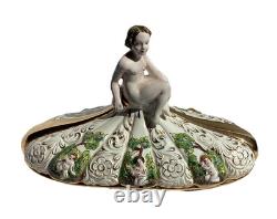 VTG Pedestal Bowl & Lid Cherub Large ITALY Porcelain Gold Leaf Florentino 18.5W