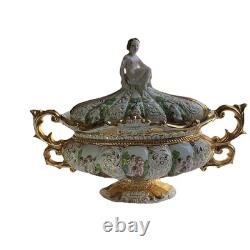 VTG Pedestal Bowl & Lid Cherub Large ITALY Porcelain Gold Leaf Florentino 18.5W