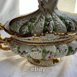 VTG Pedestal Bowl & Lid Cherub Large ITALY Porcelain Gold Leaf Florentino 18.5W