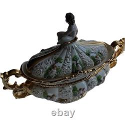 VTG Pedestal Bowl & Lid Cherub Large ITALY Porcelain Gold Leaf Florentino 18.5W