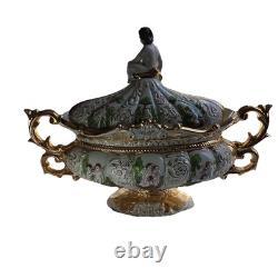 VTG Pedestal Bowl & Lid Cherub Large ITALY Porcelain Gold Leaf Florentino 18.5W