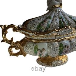 VTG Pedestal Bowl & Lid Cherub Large ITALY Porcelain Gold Leaf Florentino 18.5W