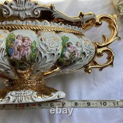 VTG Pedestal Bowl & Lid Cherub Large ITALY Porcelain Gold Leaf Florentino 18.5W