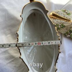 VTG Pedestal Bowl & Lid Cherub Large ITALY Porcelain Gold Leaf Florentino 18.5W