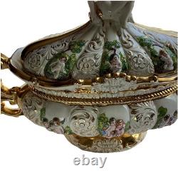 VTG Pedestal Bowl & Lid Cherub Large ITALY Porcelain Gold Leaf Florentino 18.5W