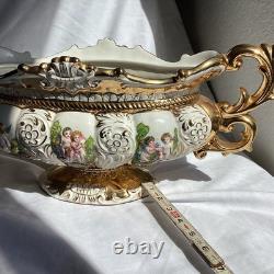 VTG Pedestal Bowl & Lid Cherub Large ITALY Porcelain Gold Leaf Florentino 18.5W