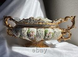VTG Pedestal Bowl & Lid Cherub Large ITALY Porcelain Gold Leaf Florentino 18.5W
