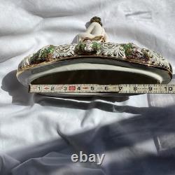VTG Pedestal Bowl & Lid Cherub Large ITALY Porcelain Gold Leaf Florentino 18.5W