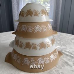 VTG Pyrex Sandalwood Ivy Tan/White Cinderella Mixing Bowl Set 444-443-442-441